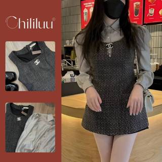 Váy yếm Chililuu váy xàm kèm áo sơ mi tơ tay bồng phong cách cá tính sang chảnh