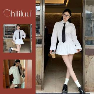 Váy nữ Chililuu váy ngắn cổ sơ mi tay dài kèm lót quần và cà vạt phong cách thanh lịch cá tính