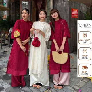 Set áo dài lông vũ phối buộc nơ cách điệu S5050 áo 4 tà  dáng suông tay lỡ mặc cùng quần ống rộng siêu xinh dễ mặc Maian