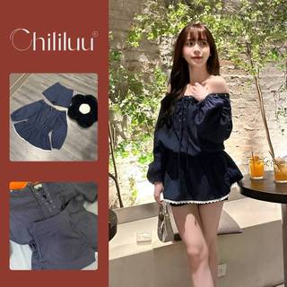  Váy trễ vai Chililuu váy xanh ngắn kẻ sọc thắt nơ tay bo chun có lót quần phong cách sexy 