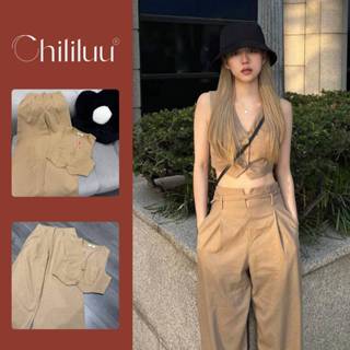 Set áo croptop Chililuu áo vạt V kèm quần suông ống rộng thắt đai cá tính