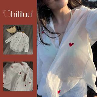 Áo sơ mi xuyên thấu Chililuu áo mi đi biển họa tiết trái tim đỏ phong cách cá tính sexy