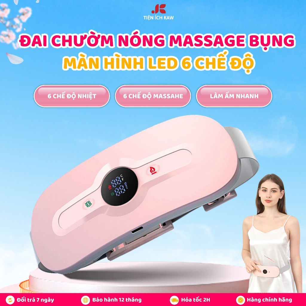 Đai Massage Chườm Nóng Giảm Đau Bụng Kinh KAW, 6 Chế độ Massage Làm Ấm Bụng, Có Màn Hình LED Sạc dây