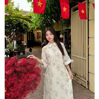 Set áo dài hoạ tiết hoa thêu cổ sen form suông tay đính nơ kèm quần phi bóng - Lạc Hà