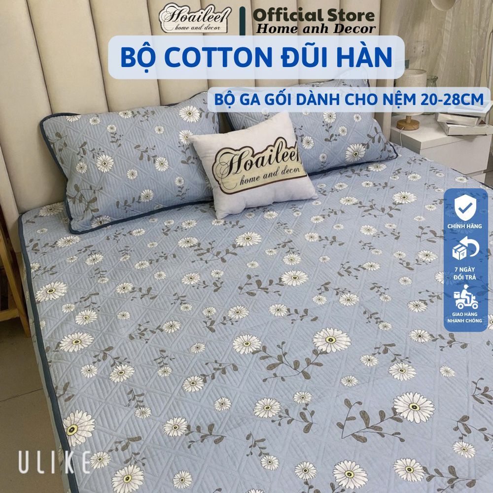 (Đệm 20cm)Bộ ga gối trần bông vải cotton đũi hàn set 3 món ga gối trần bông cotton đũi bo chun bọc đ