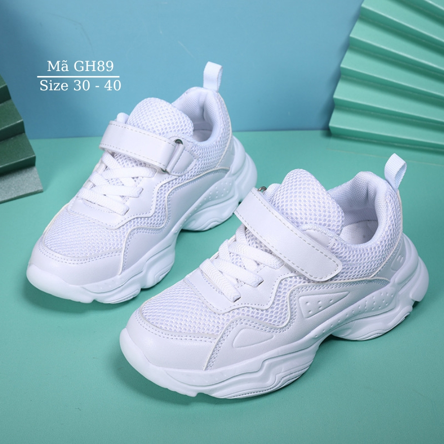 Giày trắng học sinh nam nữ tiểu trung học siêu nhẹ thời trang bé trai bé gái 5 - 12 tuổi đế độn năng động cá tính GH89