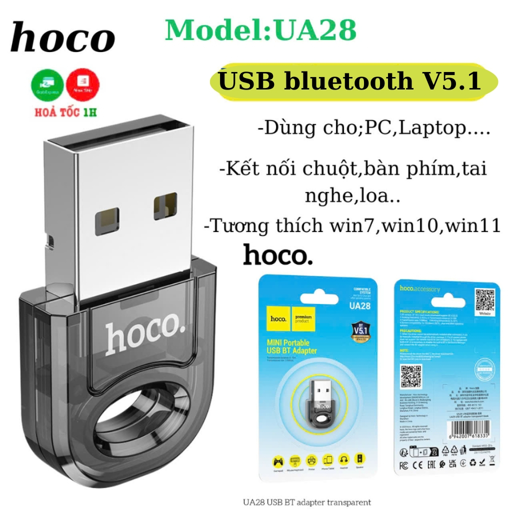 USB bluetooth Hoco UA28 không dây V5.1, hỗ trợ phát bluetooth cho loa, bàn phìm, máy tính, âm li có cổng USB