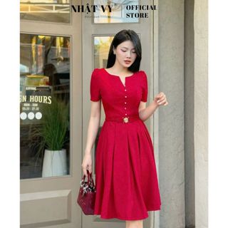 Đầm dự tiệc Nhật Vy cổ tròn đính ngọc form dáng xoè xếp ly chất lụa phù hợp công sở dạo phố thanh lịch - D2913