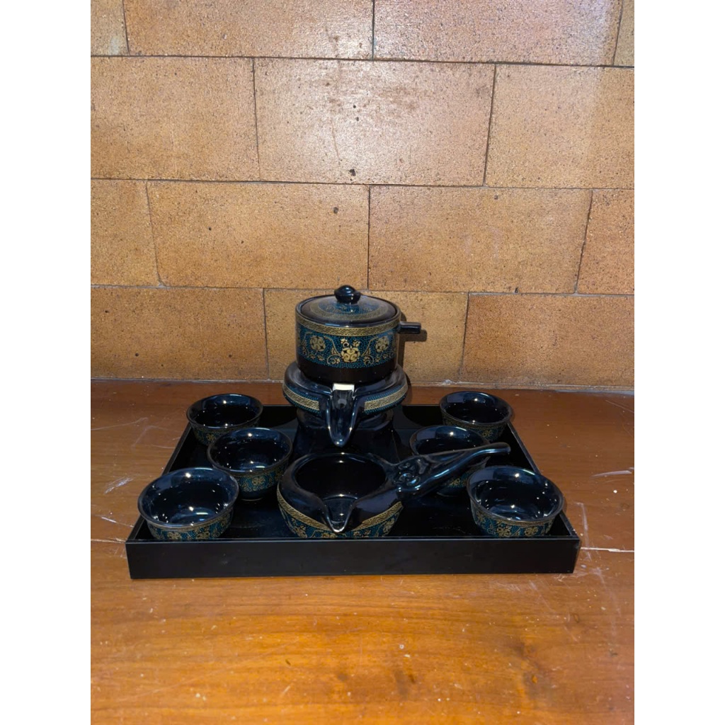 Bộ ấm chén pha trà đạo cối xay cao cấp - Gốm sứ xanh đen vàng (1 bộ cối xay, 6 chén trà,1 khay đựng)