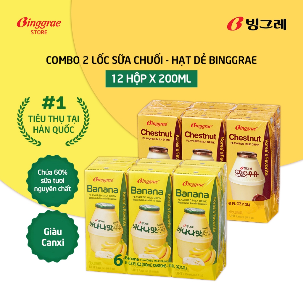 Combo 2 Lốc Sữa Chuối – Hạt Dẻ Hàn Quốc Binggrae (200ml x 12 hộp)