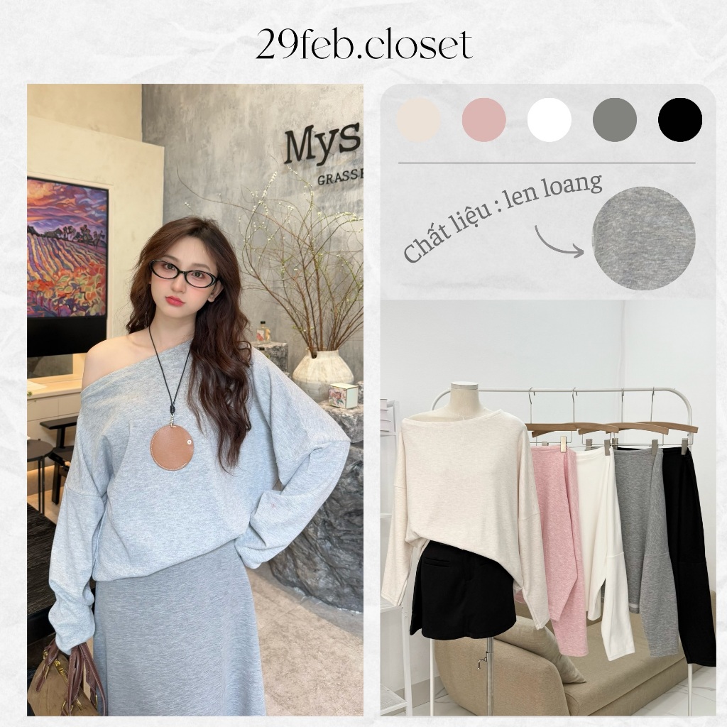 Áo Thun Dài Tay Nữ Lệch Vai Dáng Rộng Chất Len Lông Thỏ Mềm, Áo Thu Đông Kiểu Dáng Hàn Quốc - 29feb.closet - A502