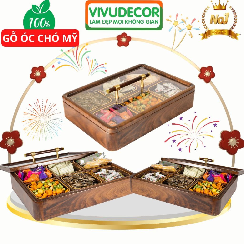 Khay đựng bánh kẹo Tết 100% gỗ óc chó cao cấp, Hộp đựng bánh kẹo Tết Vivudecor 6 ngăn sang trọng