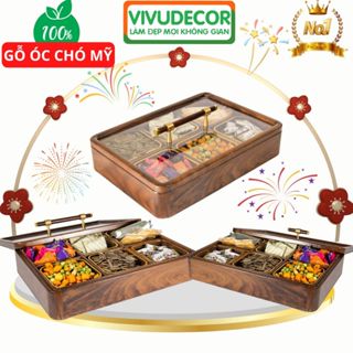 Khay đựng bánh kẹo Tết 100% gỗ óc chó cao cấp, Hộp đựng bánh kẹo Tết Vivudecor 6 ngăn sang trọng