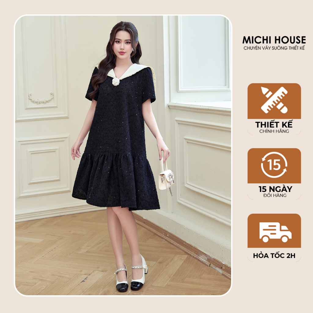 Đầm Suông Thu Đông MICHI House Váy Xuông Đuôi Cá Cổ Thủy Thủ Vải Dạ Kim Sa V756