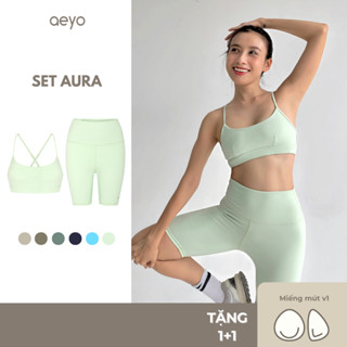 aeyo I Bộ đồ tập gym yoga nữ, áo bra dây chéo mút rời, quần đùi ôm sát tôn dáng cao cấp Aura