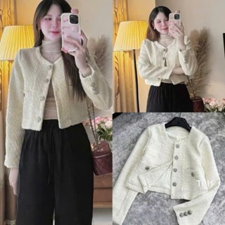 Áo Khoác Nữ Chất Dạ Tweed 2 Lớp Phối Cúc Hoa Lấp Lánh Tone Màu Trắng Xinh Mùa Thu Đông