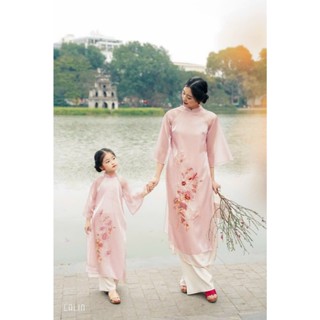 Áo Dài Cách Tân Truyền Thống Áo Dài Tết Mẹ Bé Màu Hồng Pastel 4 Tà Lót Lụa Cao Cấp Họa Tiết Đính Kết Tỉ Mỉ