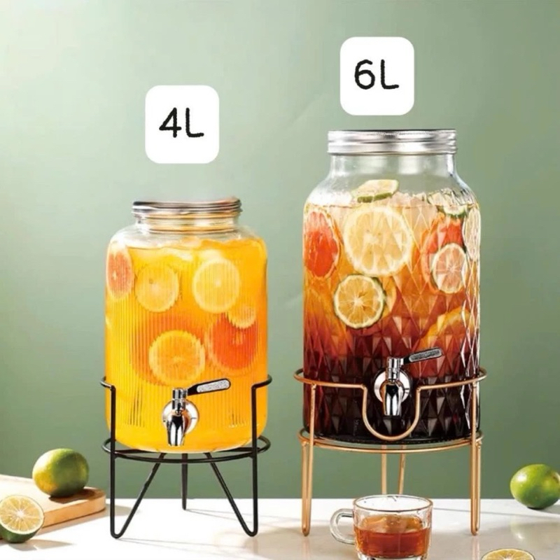 Bình Thuỷ Tinh Đựng Nước Có Vòi Có Nắp Đậy Kèm Kệ Gỗ Sang Trọng, Bình Ngâm Rượu Đựng Nước Giải Nhiệt