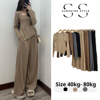 Set nữ BIGSIZE Sunshine Style bộ áo thun tăm cổ vuông vạt chéo kèm quần culottes, set thu đông 191