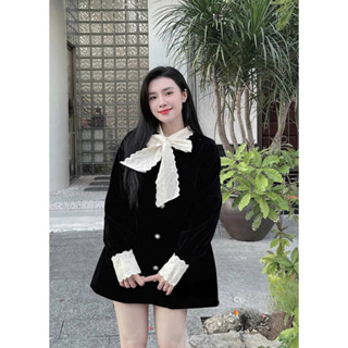 Váy Nhung Cổ Nơ Phối Ren Tay Cúc Ngọc Dáng Suông Váy Tiểu Thư Sang Chảnh (Có Đệm Vai) - BUN222