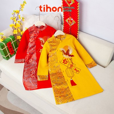 Áo dài cách tân bé trai chất liệu gấm thêu hạc TIHON cao cấp cho trẻ từ 4 đến 15 tuổi AD0750604