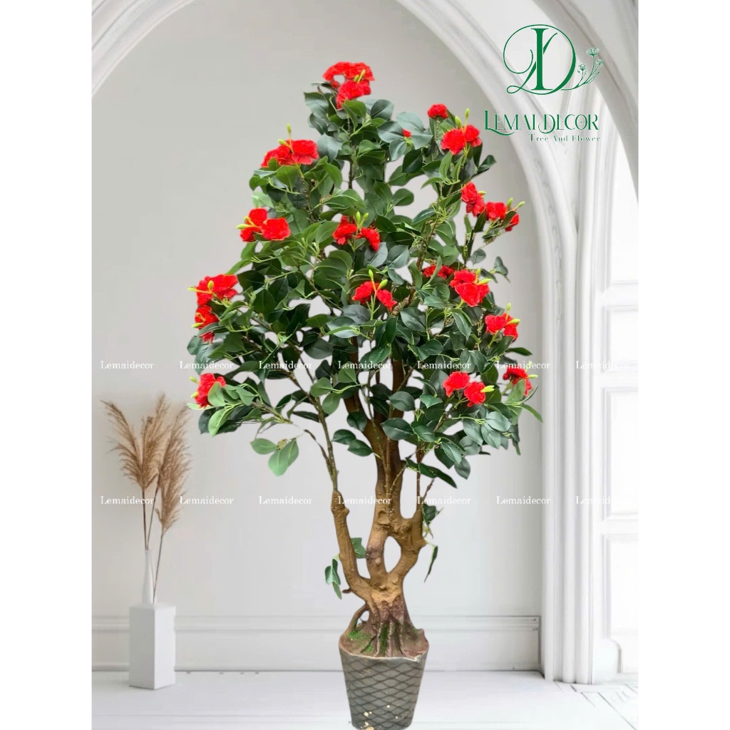 Cây hoa trà cao 160cm nguyên khối kèm chậu, cây giả trang trí nhà hàng