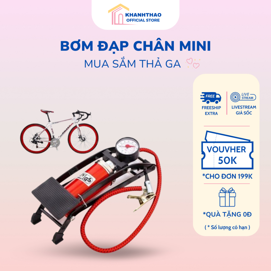 Bơm đạp chân mini có đồng hồ hiển thị số kg, bơm xe đạp xe máy, oto nhỏ gọn tiện dụng khi mang theo