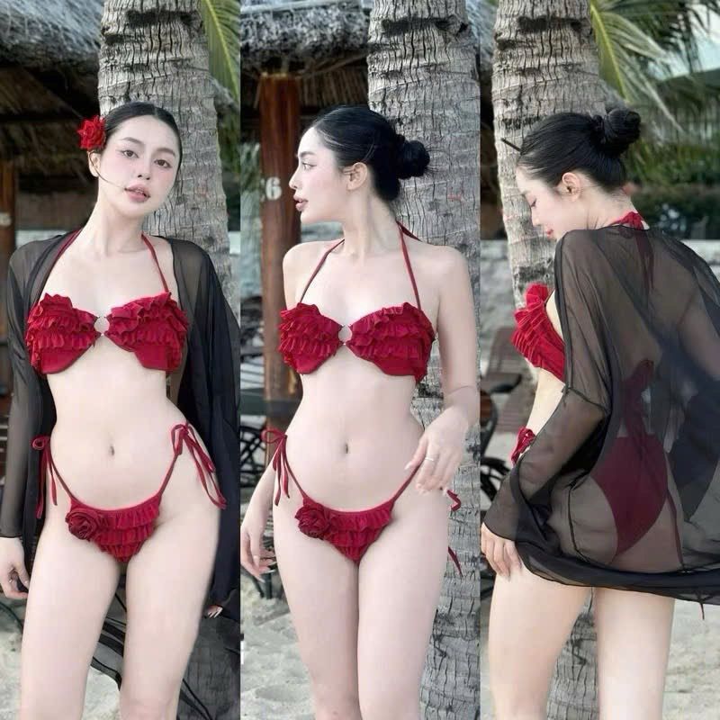 Bikini 2 mảnh xếp tầng áo cup ngực quần kết hoa hàng thiết kế cao cấp( sẵn - che tên) | BigBuy360 - bigbuy360.vn