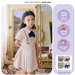 Váy công chúa cho bé gái Lona dress - Xếp Ly kem nơ đen HOMI BABY HOUSE
