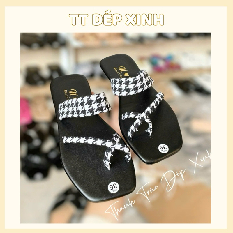 Dép lê xỏ ngón nữ, quai vải zic zac kẹp chéo xỏ ngón kèm quai sau bản to nền da nhám mũi vuông
