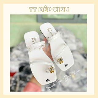 Dép lê nữ xỏ ngón gắn bướm vàng siêu xinh, nền dép da bóng mũi vuông