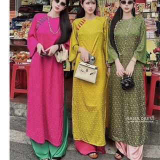 Áo dài cách tân gấm hoa tiêu mẫu áo dài 2 tà phối quần phi bóng 3 màu siêu bắt mắt_ Áo Dàii Hà Linh