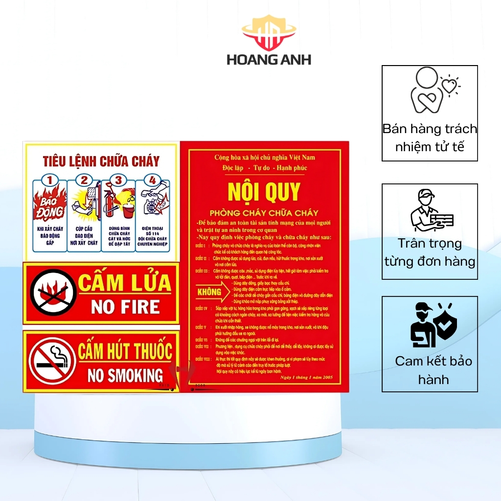 Bộ tiêu lệnh PCCC, sản xuất từ chất liệu tôn thép, sử dụng sơn chống gỉ, giúp người dân biết cách xử lí khi cháy nổ,...