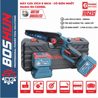 Máy Cưa Xích Dùng Pin BOSHUN BS-CS08, Có Tra Nhớt, Có led báo pin, Chân pin phổ thông - Không Chổi Than
