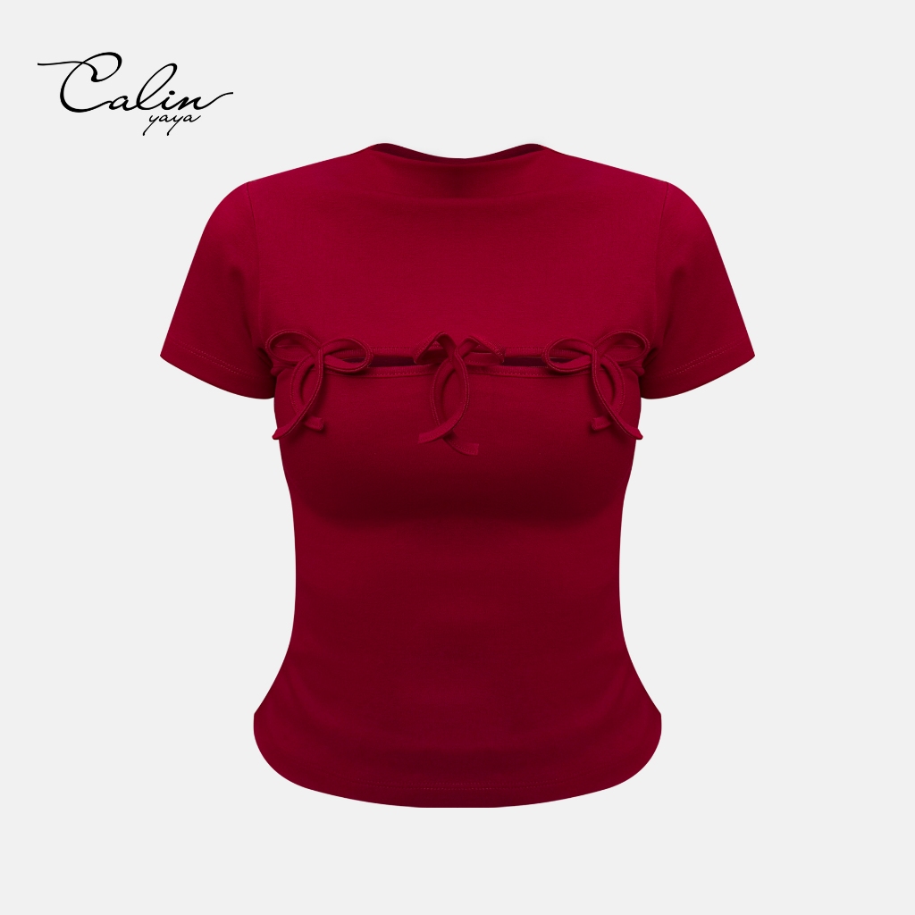 Áo thun nữ thiết kế cổ cao khoét ngực trang trí nơ - Rosie Top