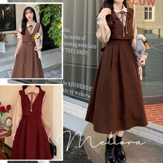 Đầm sơ mi mix áo gile 3 màu cổ đính dây nơ xinh xắn phong cách Hàn Quốc