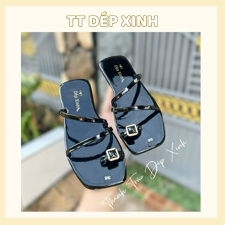 Dép lê nữ, dép xỏ ngón kiểu gắn charm đá hình vuông siêu xinh