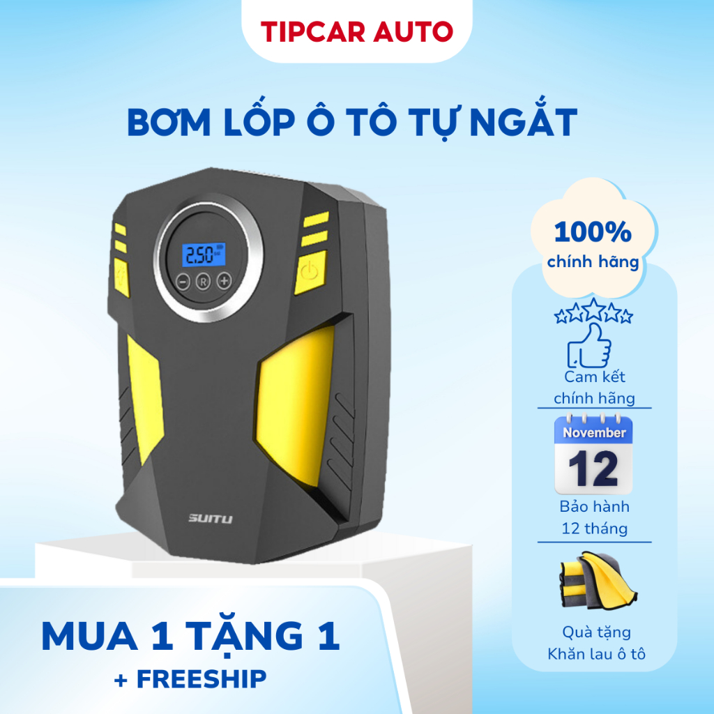 Máy Bơm Lốp Ô Tô Tự Ngắt Bơm Lốp Xe Hơi Không Dây Mini Cầm Tay Có Đèn LED Cao Cấp Chính Hãng