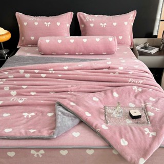 Bộ chăn ga gối nỉ nhung sữa kèm chăn lông thỏ ấm áp 2.5kg cao cấp full set 5 món