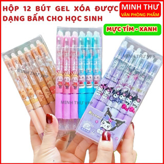  HỘP 12 Cây Bút Viết Gel BẤM TẨY XÓA ĐƯỢC Ngòi 0.5mm - Mực Xanh   Tím - Mực Đậm Ngòi Êm Mực Đẹp - Minh Thư VPP 
