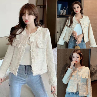  Áo khoác dạ tweet kem bling bling viền tua rua phong cách SangSoo trẻ trung đơn giản 