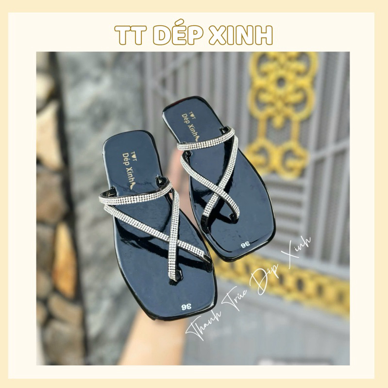 Dép lê xỏ ngón nữ, dép xỏ ngón đế bệt quai chéo chữ X đính đá kèm quai ngang ở cổ chân