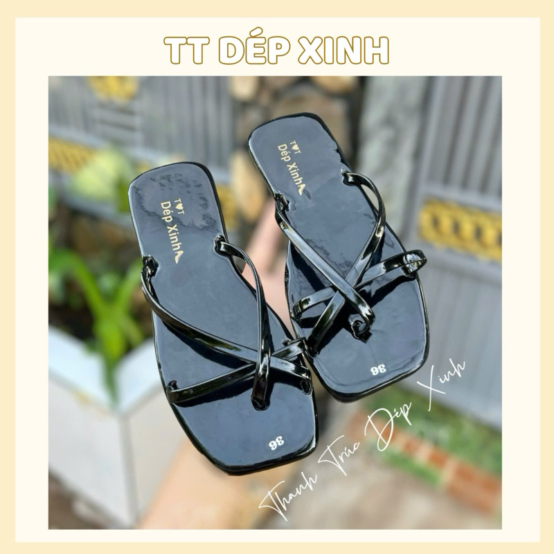 Dép lê xỏ ngón nữ quai chéo hình sao 6 cạnh, dép đế bệt xỏ ngón nền bóng mũi vuông