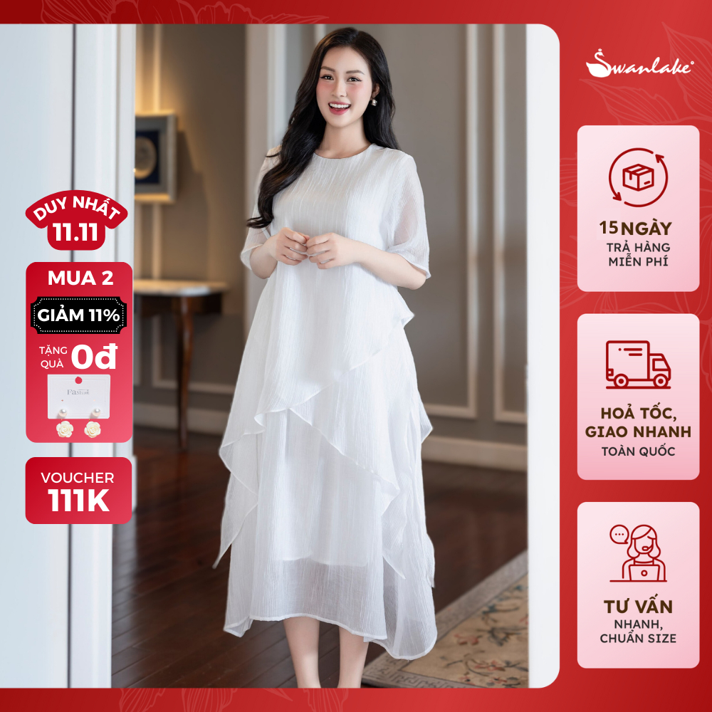 SWANLAKE | Váy Đầm Suông Vạt Chéo Tay Lỡ Chất Tơ Xốp Nhiều Tầng Phồng Lót Lụa Hàn Dự Tiệc - D12062