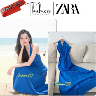 (Chính hãng size S)Váy midi ZARA 4786/293 LINEN đeo dây cổ hở lưng màu xanh đậm(kèm ảnh thật)