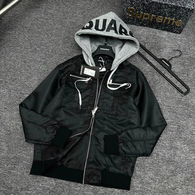 Áo khoác gió mũ DSQ zip ngực phối 2 khóa mũ nỉ xám 2 lớp in chữ, Áo gió DSQ phối nũ nỉ xám