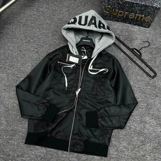 Áo khoác gió mũ DSQ zip ngực phối 2 khóa mũ nỉ xám 2 lớp in chữ, Áo gió DSQ phối nũ nỉ xám