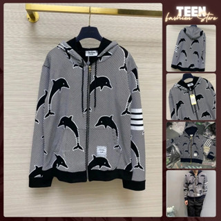 Áo Hoodie Khoá Zip Nam Thôm Bờ Rao Hoạ Tiết Cá Heo In Vân 3D Phối Sọc Tay Áo Dày Dặn Chuẩn Hàng QC