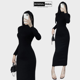 Váy BoDy Dáng Dài Xẻ Phía Sau Cổ 3 Phân Chất Len Lông Thỏ Misoul Mall, Đầm Maxi Ôm Body Dài Tay Khoá Sau 360