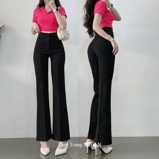  Quần ống loe 2 cúc 1 cúc cạp cao có túi moi dáng quần tây ống loe nữ lưng cao màu Đen Nâu vải dày đáy cao mặc đi học 